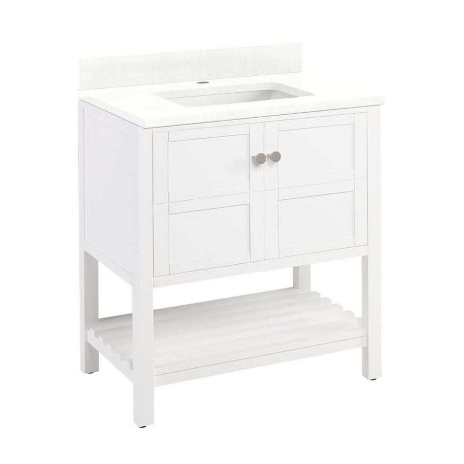 30" Olsen Console Vanity- White - BN Hdwe. - Feathered White Quartz - 1 Hole - Rect. Undermount Sink, , large image number 0
