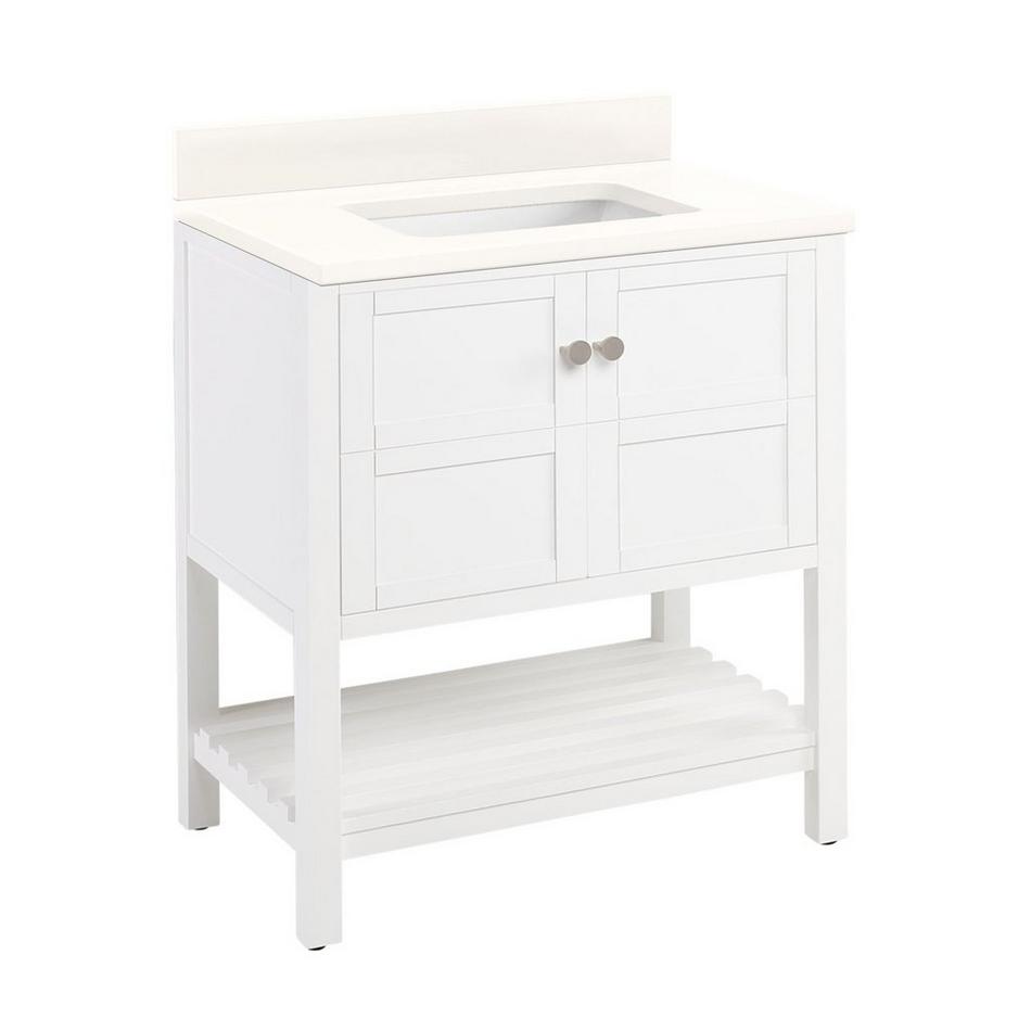 30" Olsen Console Vanity - Soft White - BN Hdwe. - Arctic White Quartz - No Holes- Rect. Sink, , large image number 1