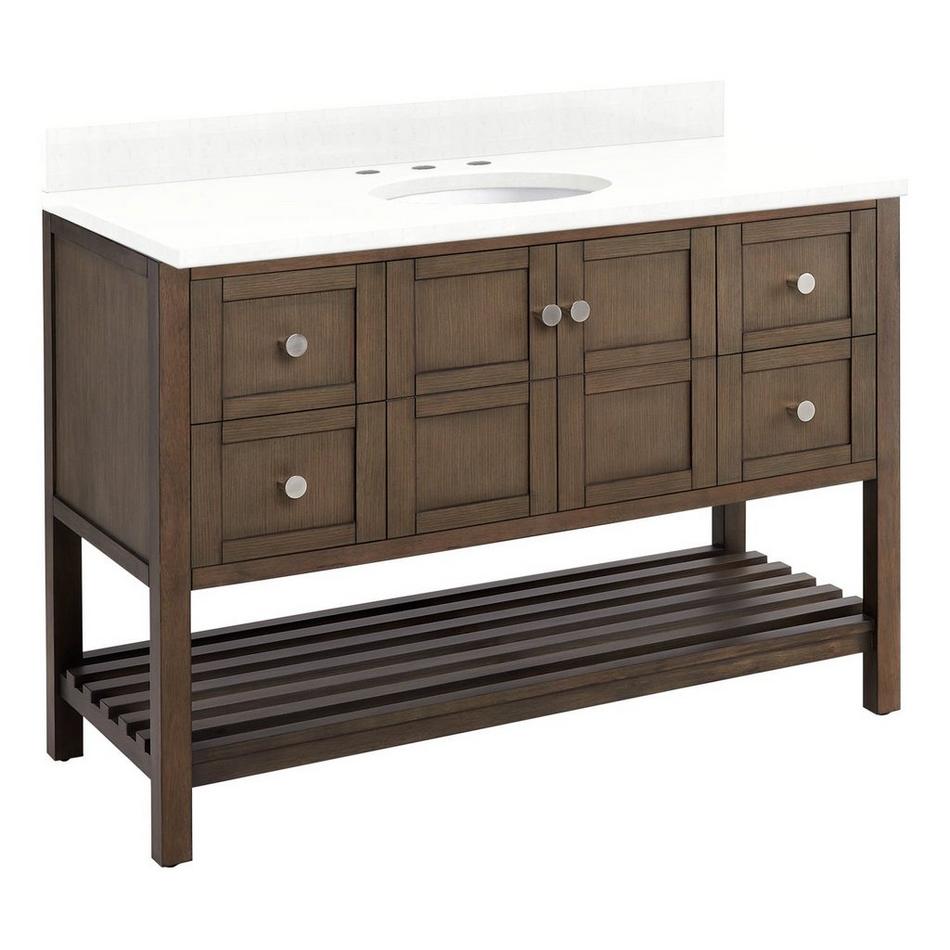 48" Olsen Console Vanity - Ash Brown - Brushed Nickel Hdwe. - Feathered White Quartz-8"-Oval Sink, , large image number 0