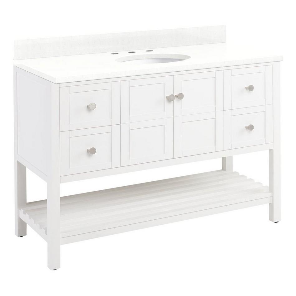 48" Olsen Console Vanity - White - Brushed Nickel Hdwe. - Feathered White Quartz - 8" - Oval UM Sink, , large image number 0