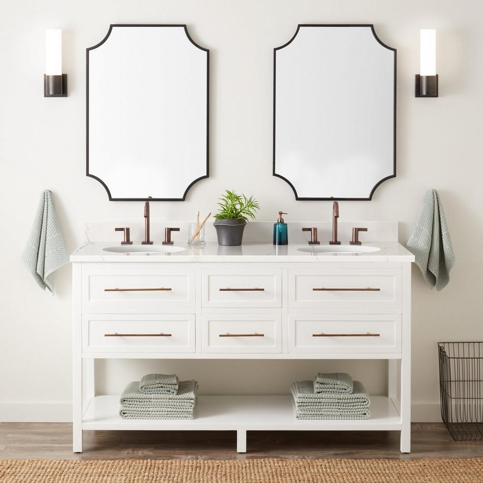 60" Robertson Double Vanity - Bright White - Feathered White Quartz - 8" - Oval Undermount Sinks, , large image number 0