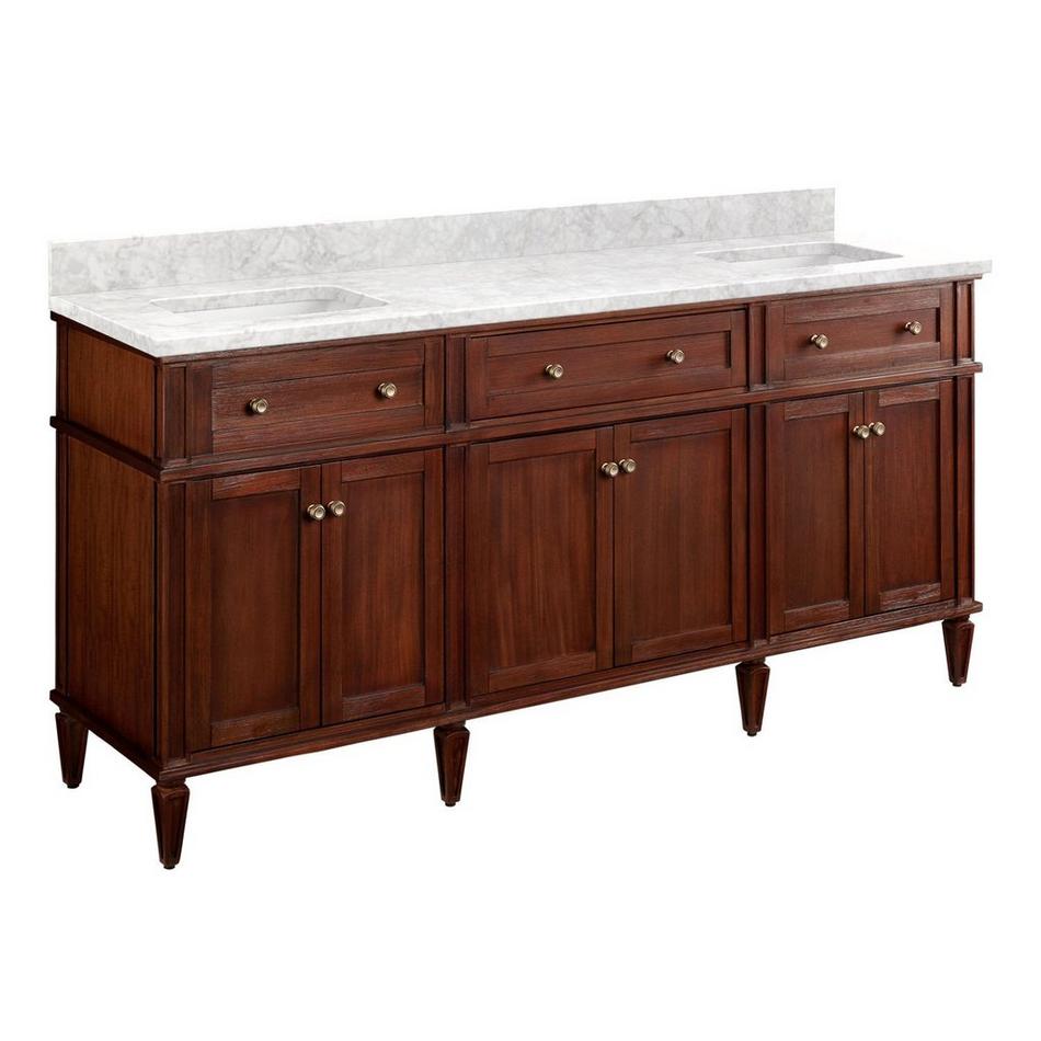 72" Elmdale Double Vanity for Rect Undermount Sinks-Antique Brown-Carrara no holes-White Sinks, , large image number 0