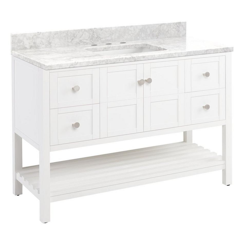 48" Olsen Console Vanity - Soft White - BN Hardware - Carrara No Faucet Holes, White RUM Sink, , large image number 0