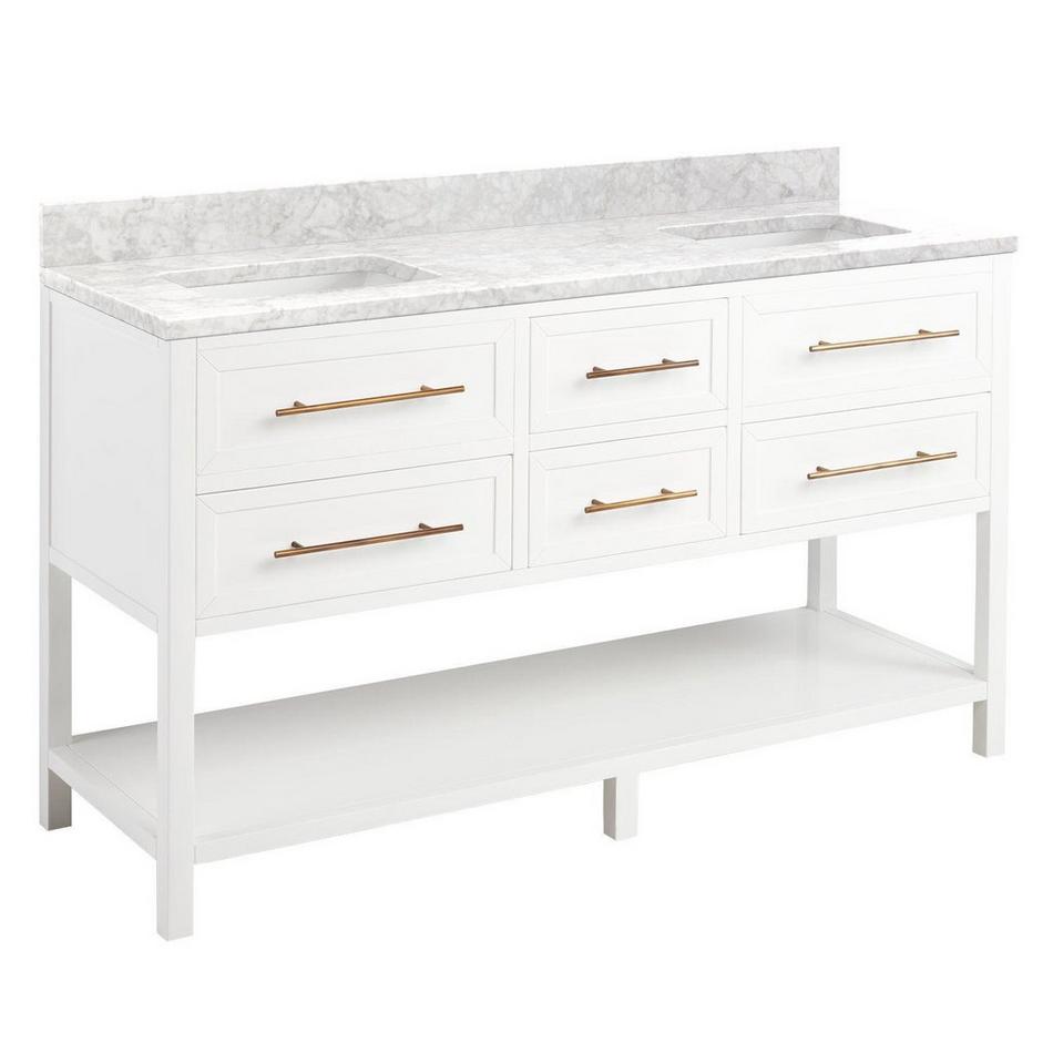 60" Robertson Double Vanity - Bright White - White RUM Sinks - Carrara Top - No Faucet Holes, , large image number 0