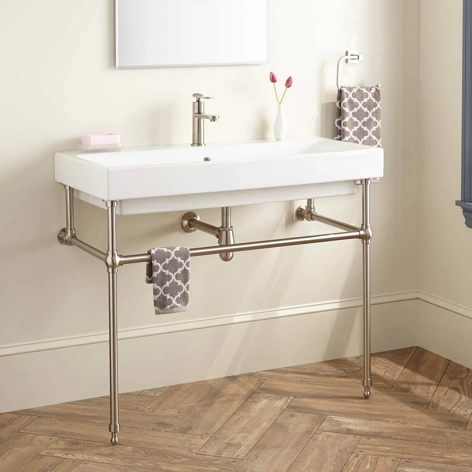 39" Stoddert Porcelain Console Sink with Brass Stand - Brushed Nickel, , large image number 0