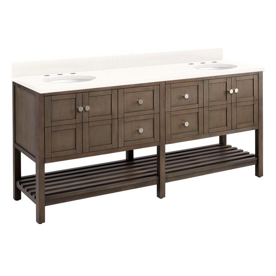 72" Olsen Double Console Vanity - Ash Brown - BN Hdwe - Undermount - Oval - Arctic White Quartz - 8", , large image number 0