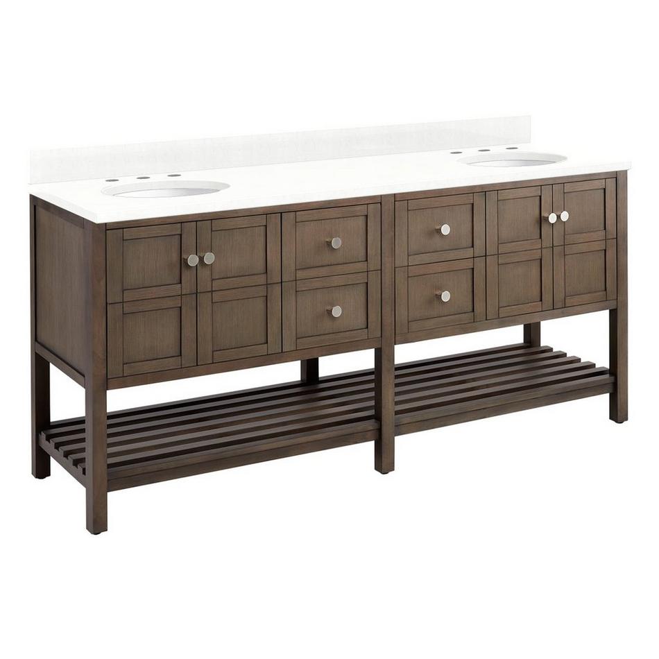 72" Olsen Double Console Vanity - Ash Brown - BN Hdwe - Oval UM - Feathered White Quartz - 8", , large image number 0