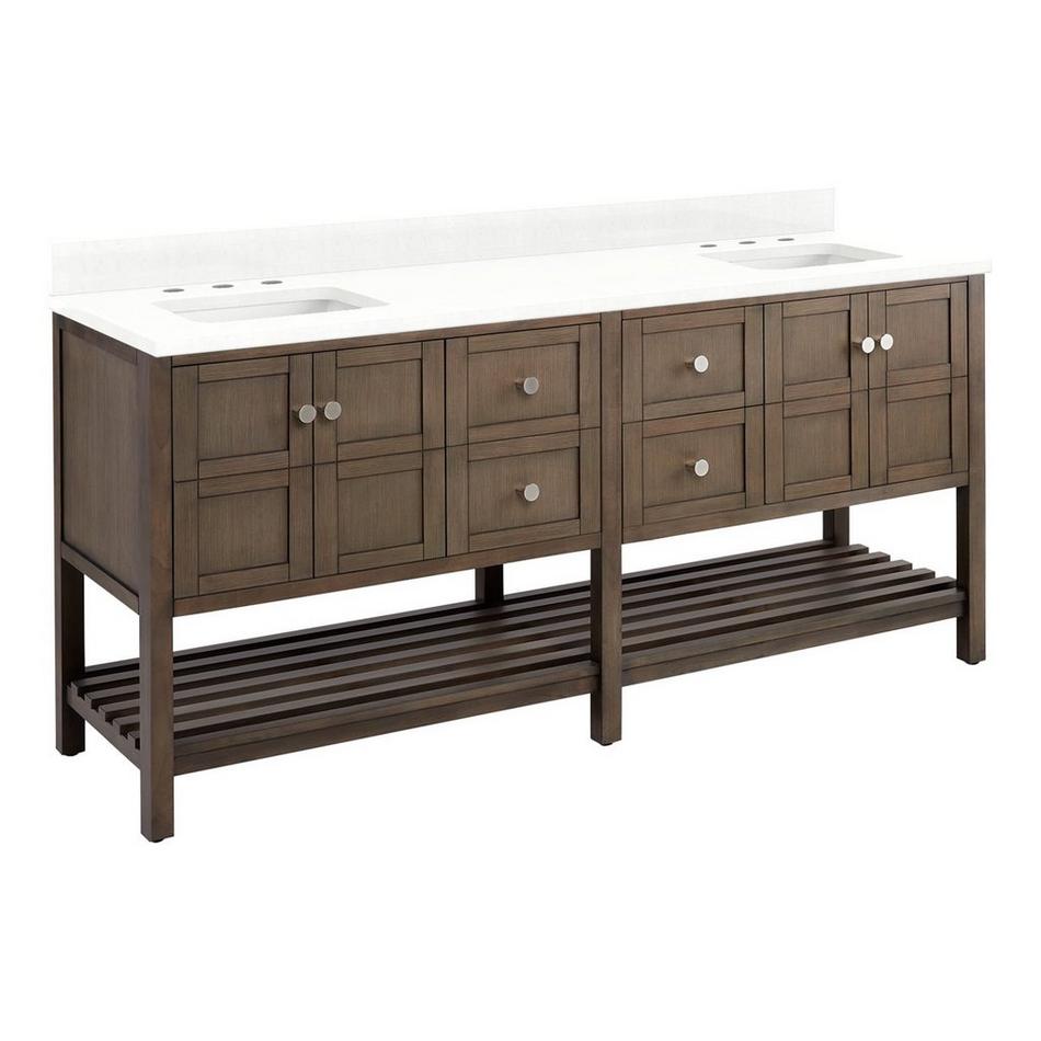 72" Olsen Double Console Vanity - Ash Brown - BN Hdwe - RUMB - Feathered White Quartz - 8", , large image number 0