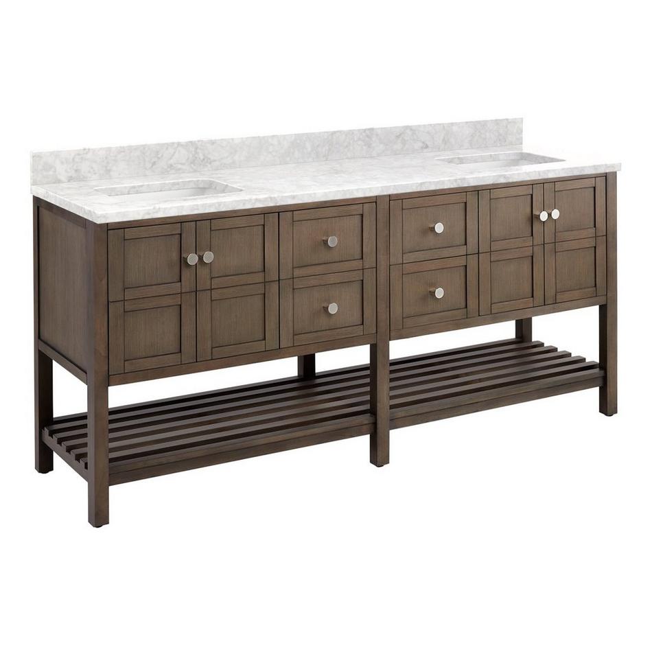 72" Olsen Double Console Vanity - Ash Brown - BN Hdwe - RUMB - Carrara Marble - No Faucet Hole, , large image number 0