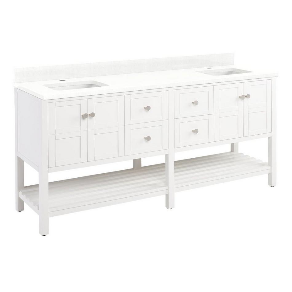 72" Olsen Double Console Vanity - White - BN Hdwe - RUMB - Feathered White Quartz-1 Hole, , large image number 0