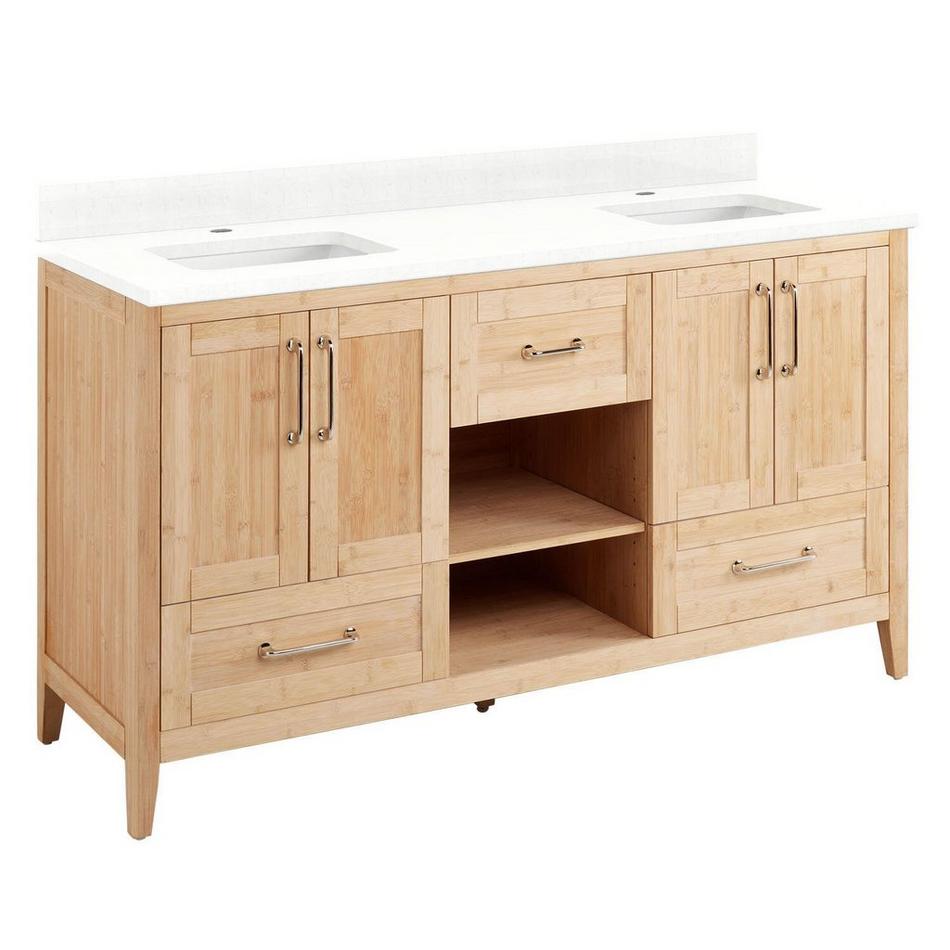 60" Burfield Dbl Vanity for Rect Undrmnt Sinks - Natural Bamboo - Feathered White 1 Hole-White S, , large image number 0