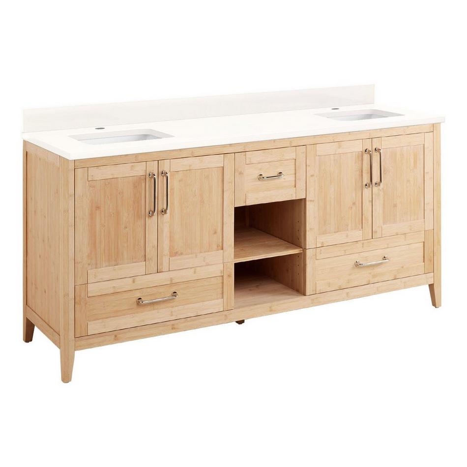 72" Burfield Dbl Vanity for Rect Undrmnt Sinks - Natural Bamboo - Arctic White 1 Hole - White Si, , large image number 0