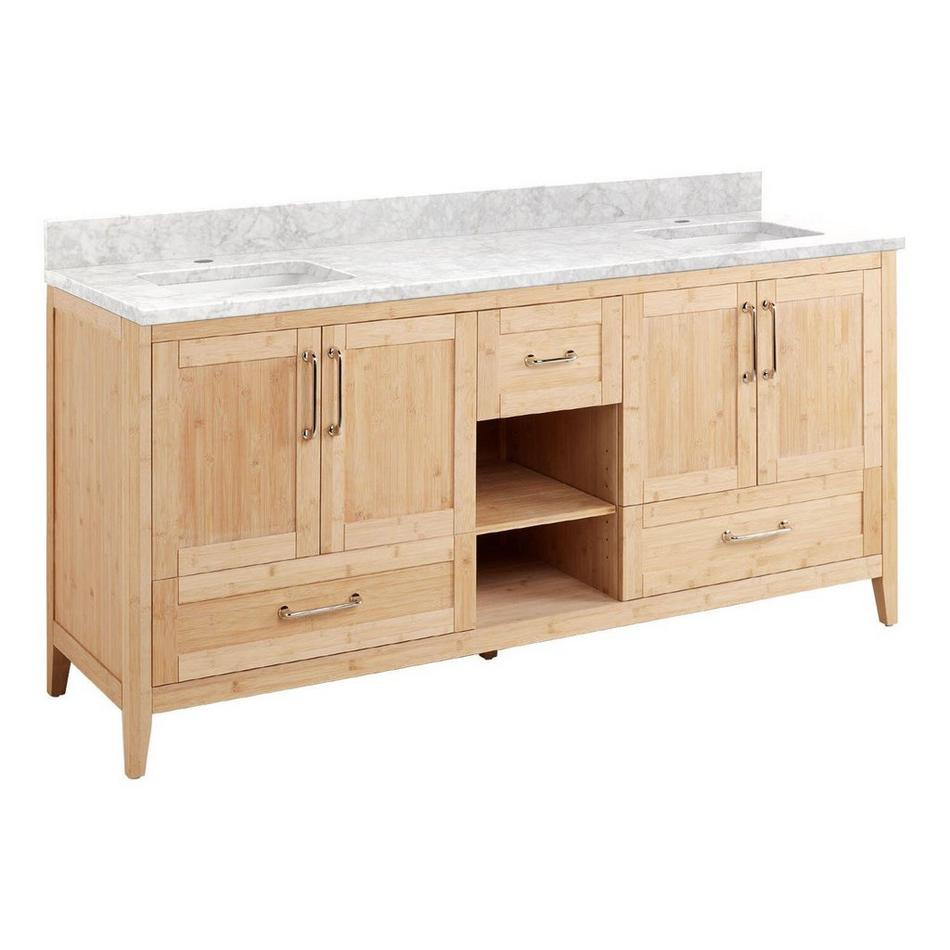 72" Burfield Dbl Vanity for Rect Undrmnt Sinks - Natural Bamboo - Carrara Single Hole - White Si, , large image number 0