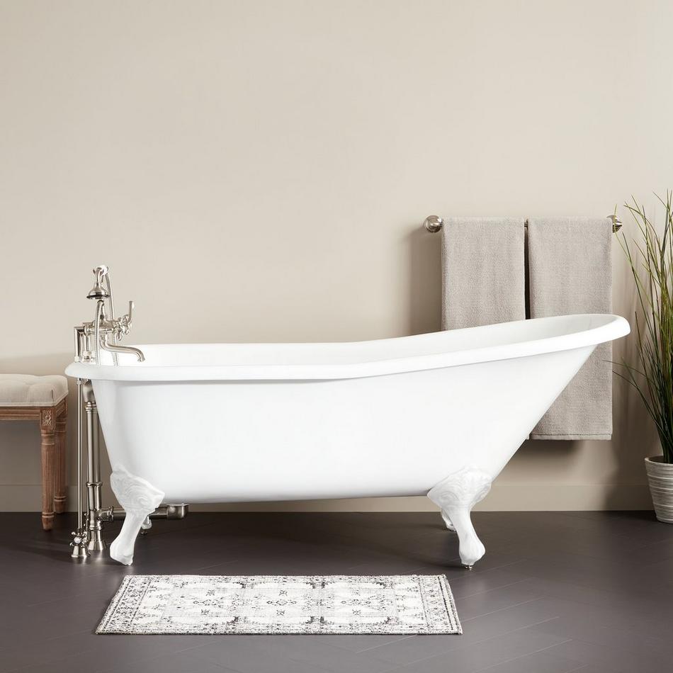 66" Goodwin Cast Iron Slipper Clawfoot Tub - White Feet/Tap Deck/7" Tap Holes - Daisy Wheel Overflow, , large image number 0