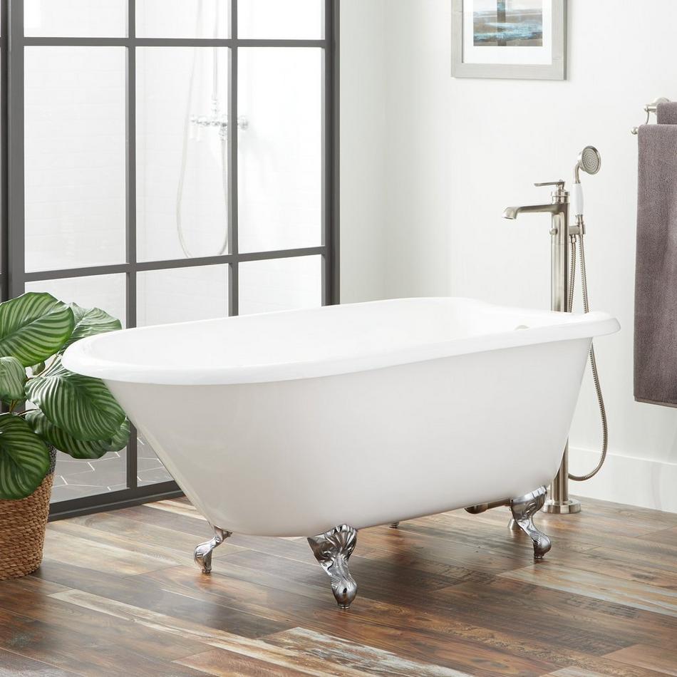 61" Miya Cast Iron Clawfoot Tub - White - 7" Rim Holes - BN Ball & Claw Feet & Drain, , large image number 0