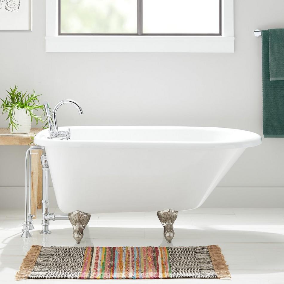 61" Miya Cast Iron Roll-Top Clawfoot Tub - Brushed Nickel Feet/3-3/8" Wall Holes-Daisy Wheel Drain, , large image number 0
