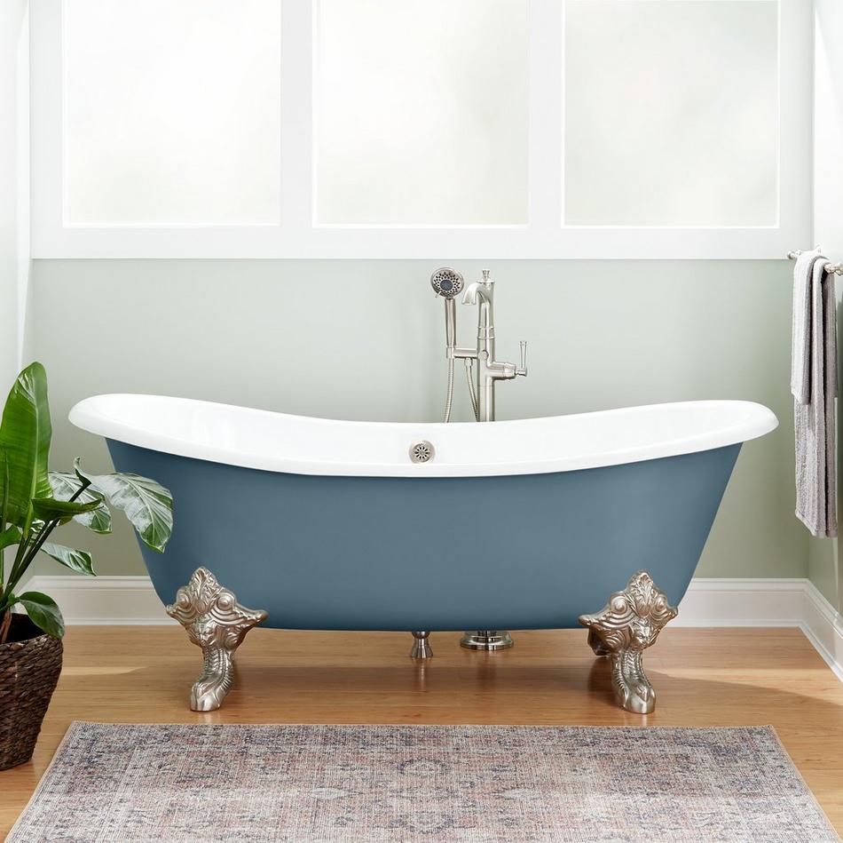 72" Lena Cast Iron Tub - Brushed Nickel Monarch Feet - Slate Blue - Daisy Wheel Overflow Drain, , large image number 0