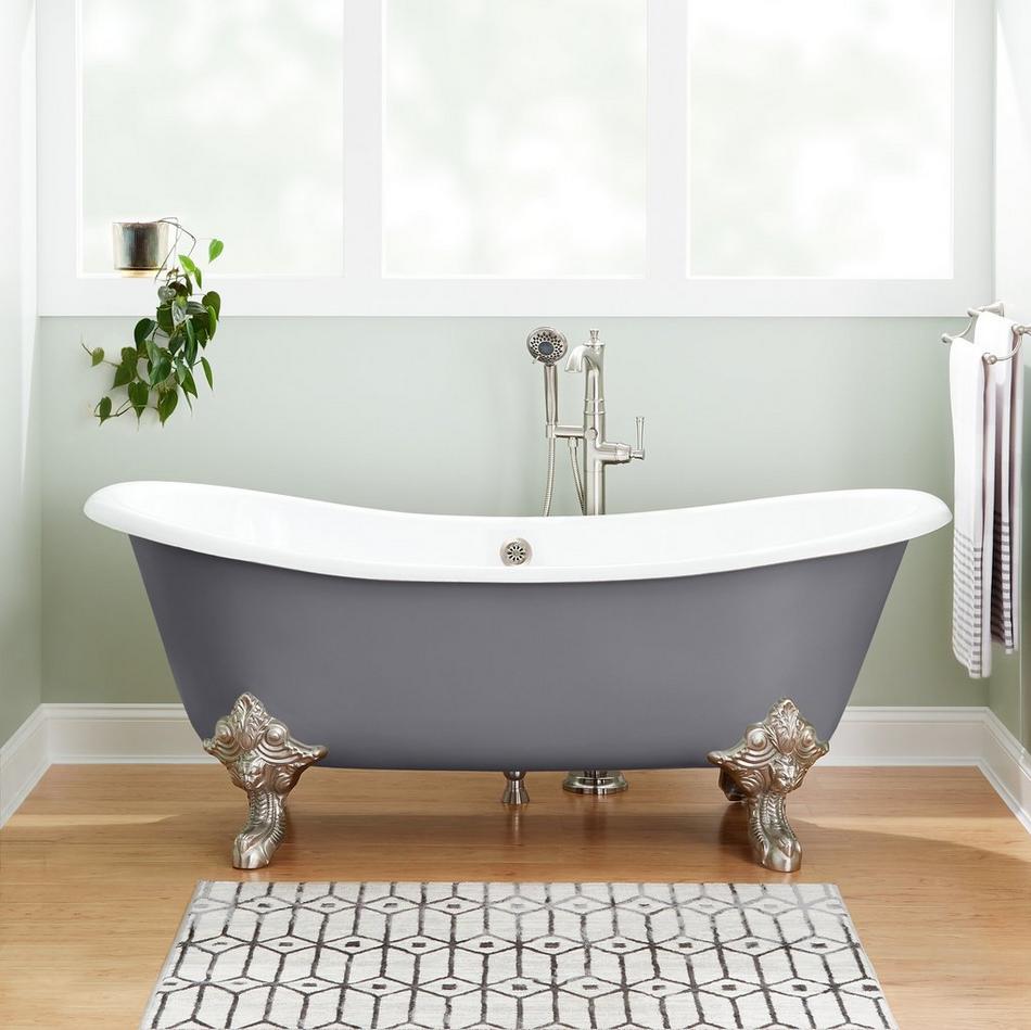72" Lena Cast Iron Tub - Rolled Rim - Brushed Nickel Monarch Feet - Dark Gray - Daisy Wheel Overflow, , large image number 0
