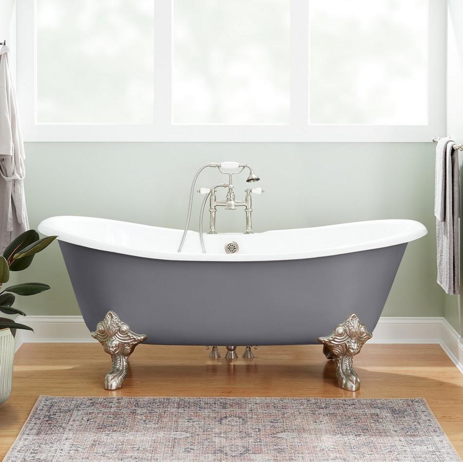 72" Lena Cast Iron Double-Slipper Tub-Tap Deck/7" Rim Holes-BN Monarch Feet-Dark-Daisy Wheel Drain, , large image number 0