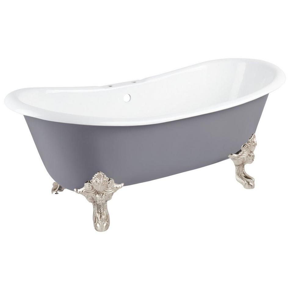 72" Lena Cast Iron Double-Slipper Tub-Tap Deck/7" Rim Holes-BN Monarch Feet-Dark-Daisy Wheel Drain, , large image number 1