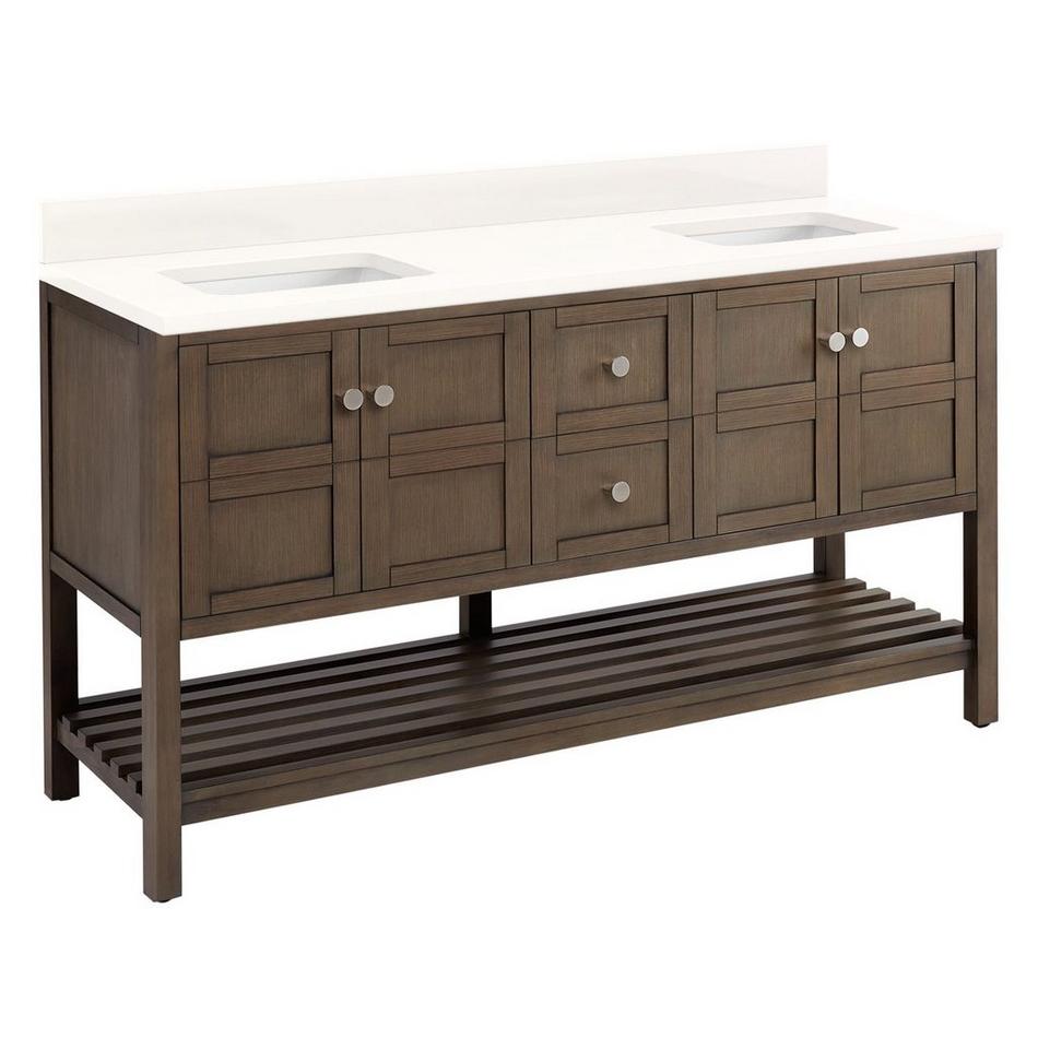 60" Olsen Double Console Vanity - Ash Brown - BN HW - Arctic White No Holes, White RUM Sinks, , large image number 1