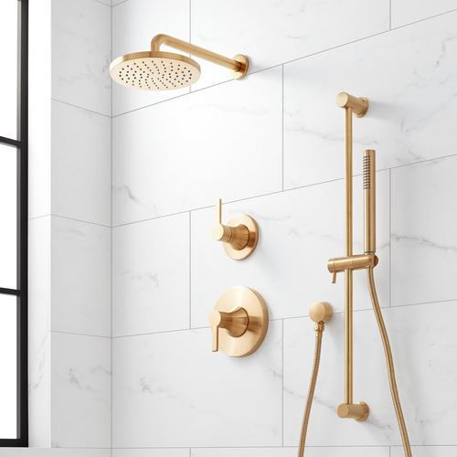 Lentz Pressure Balance Shower System With Slide Bar and Hand Shower - Lever Handles in Brushed Gold