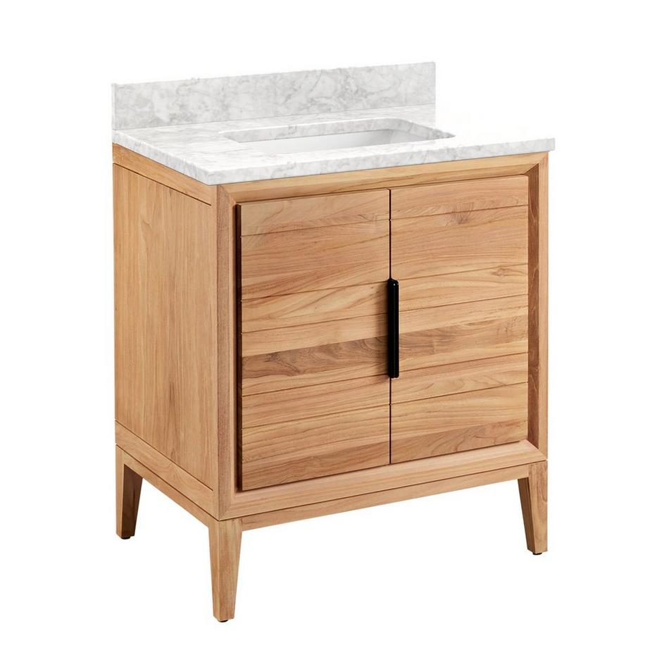 30" Aliso Teak Vanity for Rectangular Undermount - Natural Teak - Carrara Marble-No Holes-White Sink, , large image number 0