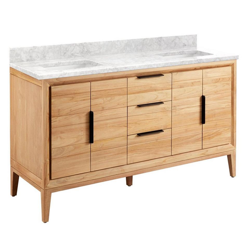 60" Aliso Teak Double Vanity for Rect Undermount - Natural Teak-Carrara Marble-No Holes-White Sinks, , large image number 0
