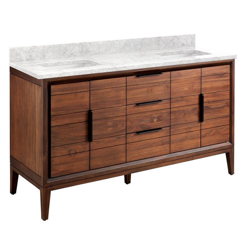 60" Aliso Teak Double Vanity for Rect Undermount - Java - Carrara Marble - No Holes - White Sinks, , large image number 0