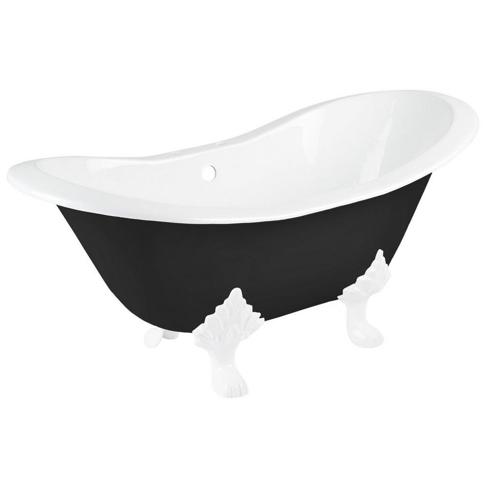61" Arabella Cast Iron Double-Slipper Clawfoot Tub - Black - 7" Rim Holes - White Feet & Drain, , large image number 0