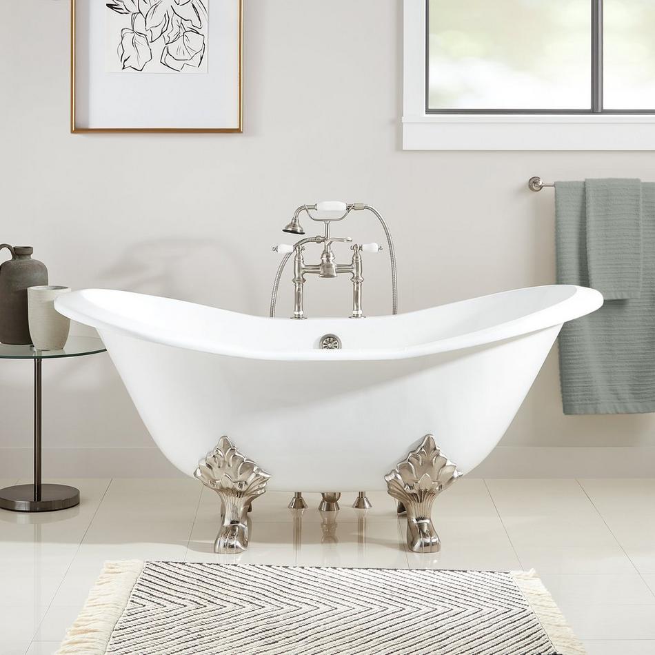 61" Arabella Cast Iron Double-Slipper Tub - Brushed Nickel Lion Feet -  7" Rim Holes - Daisy Drain, , large image number 0