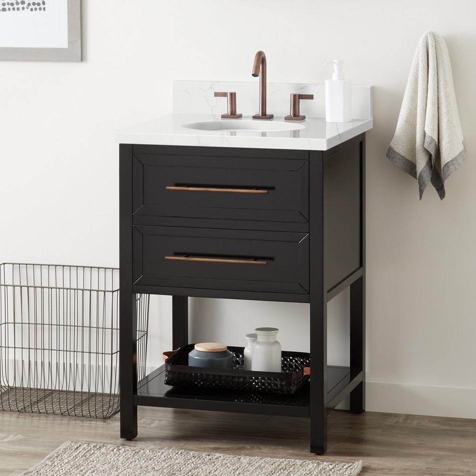 24" Robertson Console Vanity - Black - Oval Undermount - Feathered White Quartz - 8", , large image number 0