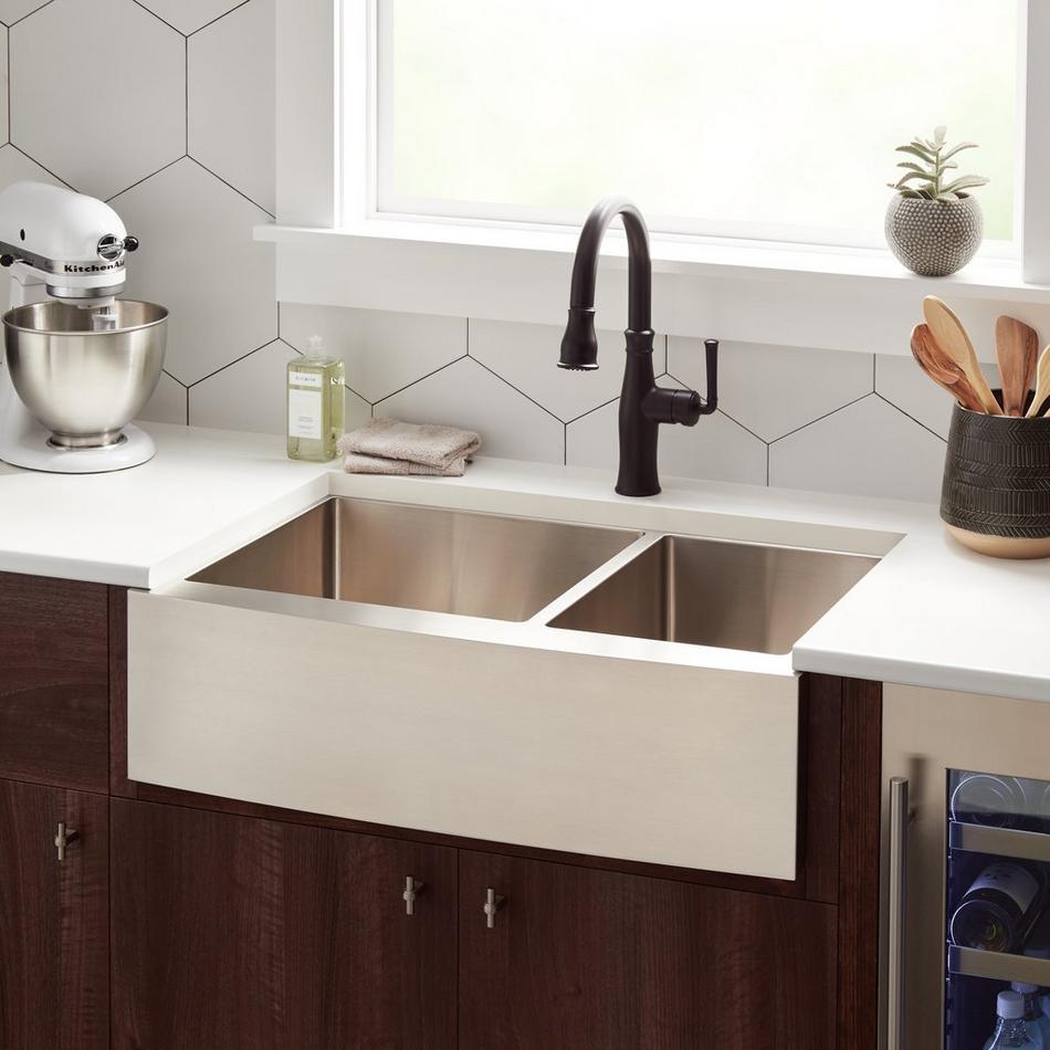 36" Fournier 60/40 Offset Double-Bowl Stainless Steel Farmhouse Sink - Curved Apron, , large image number 0