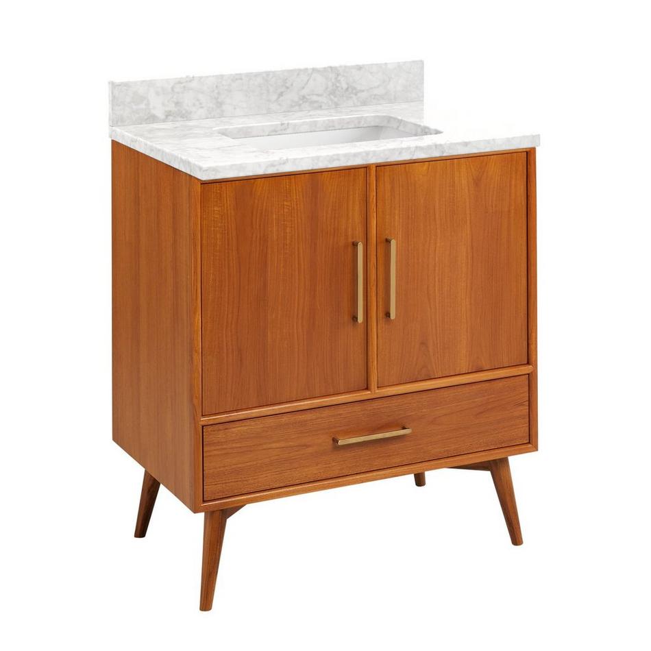 30" Novak Teak Vanity with Rectangular Undermount Sink - Teak - Carrara - No Hole, , large image number 0