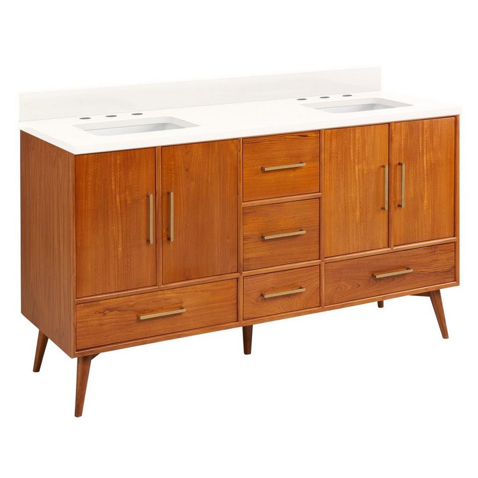 60" Novak Double Teak Vanity with Rect Undermount Sinks - Teak - Arctic White - Widespread, , large image number 0