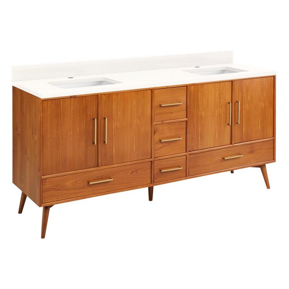 72" Novak Double Teak Vanity with Rect Undermount Sinks - Teak - Arctic White - Single Hole, , large image number 0