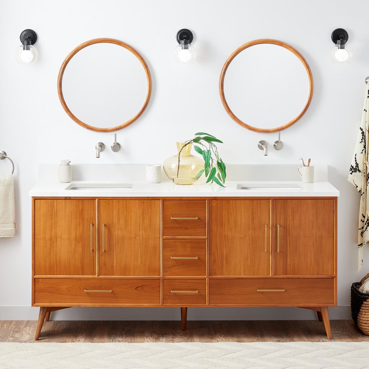 72" Novak Double Teak Vanity with Rectangular Undermount Sinks Teak Signature Hardware