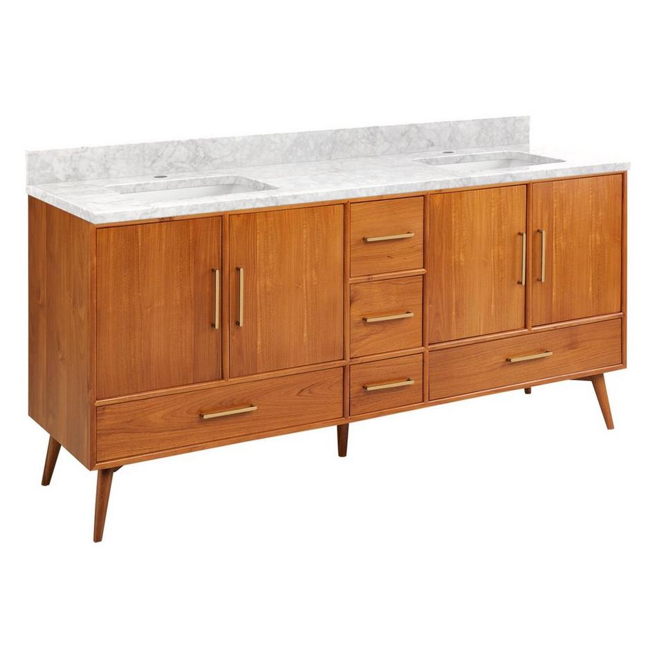 72" Novak Double Teak Vanity with Rectangular Undermount Sinks - Teak - Carrara - Single Hole, , large image number 1