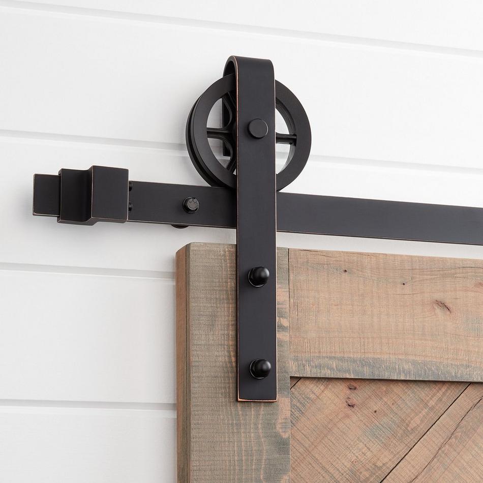 Soft-Close 96 in. Oil Rubbed Bronze Hook Strap Rolling Door Hardware Kit for Wood Door Soft-Close 96 in. Oil Rubbed Bronze Hook Strap Rolling Door Hardware Kit for Wood Door