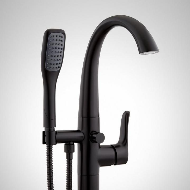 closeup of Provincetown Freestanding Tub Faucet with Hand Shower in Matte Black