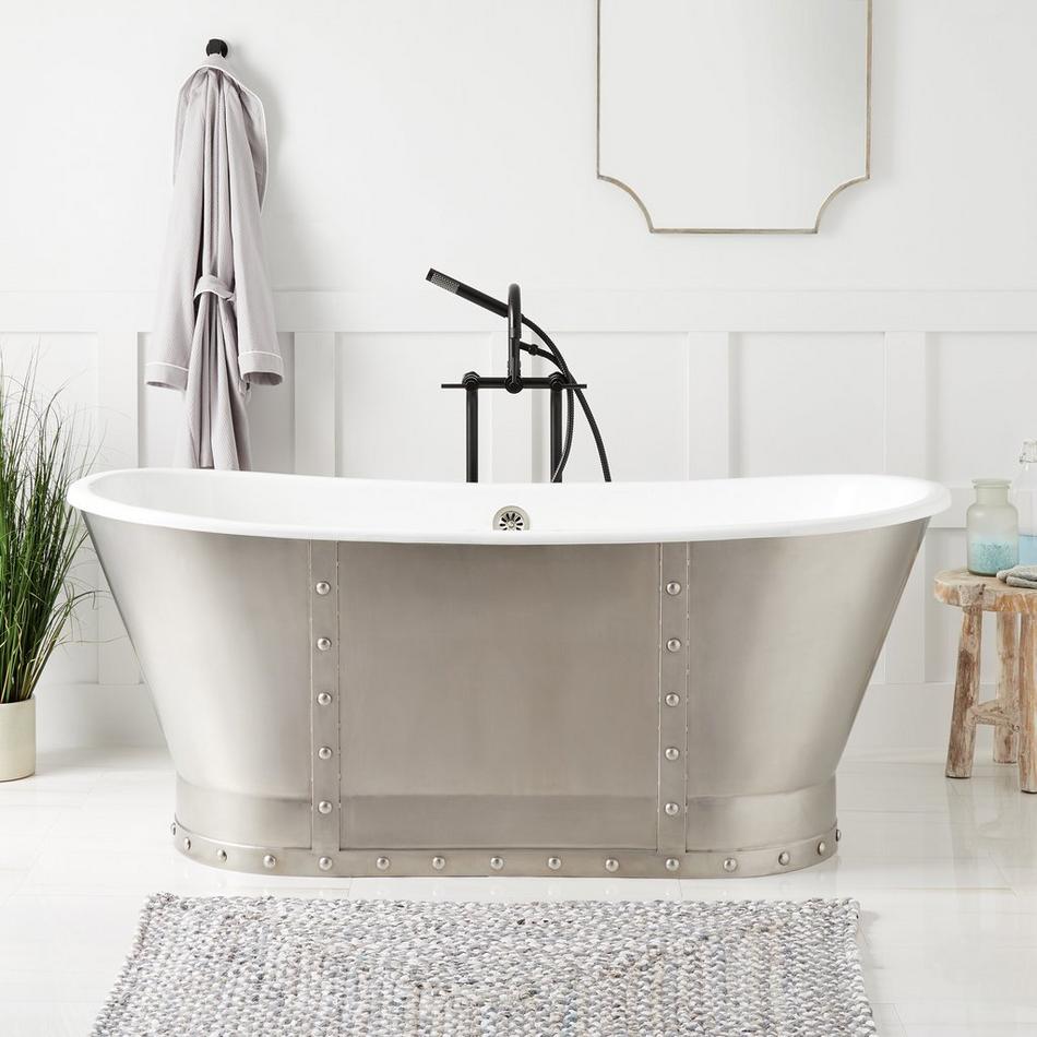 67" Brayden Bateau Cast Iron Skirted Tub - Stainless Steel Skirt - White Daisy Wheel, , large image number 0