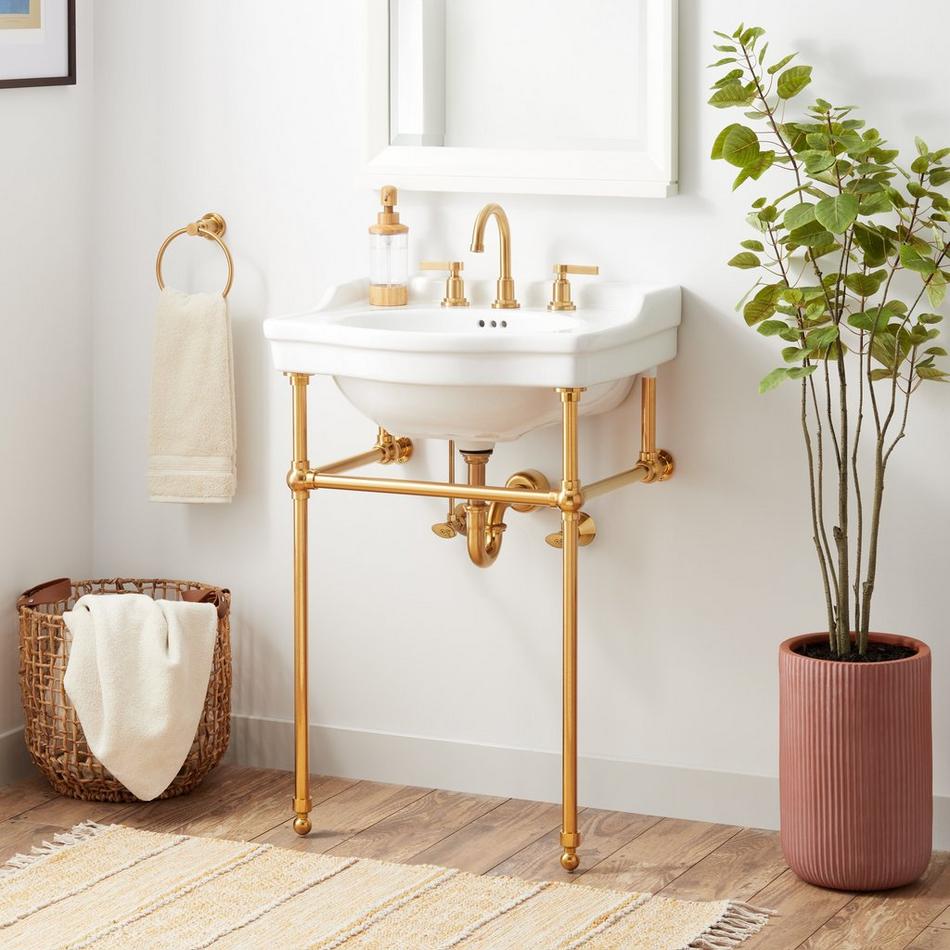 24 Cierra Console Sink with Brass Stand - Brushed Gold in White | Porcelain | Signature Hardware
