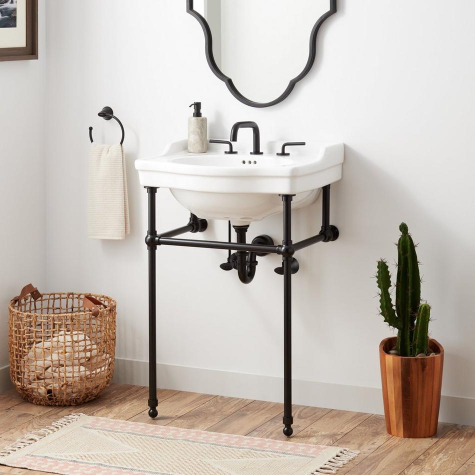 Signature Hardware 953524-24 Cierra 24 Vitreous China Console Bathroom Sink with Brass Stand and 3 Faucet Holes at 8 Centers Matte Black Sinks