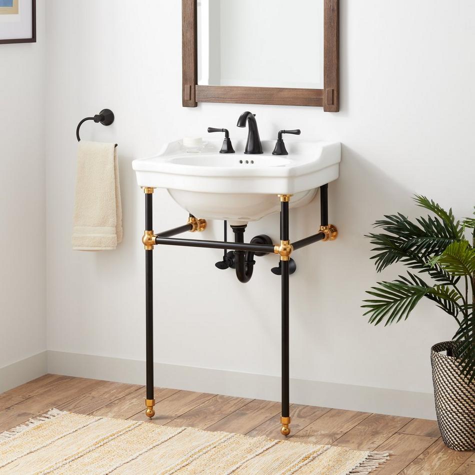 24" Cierra Console Sink with Two Tone Brass Stand - Black & Gold, , large image number 0