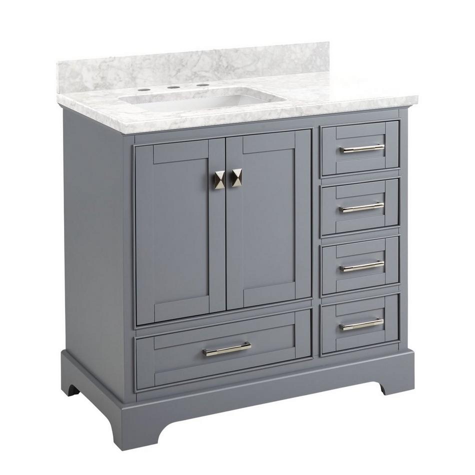 36" Quen Vanity With Left Offset Rectangular Undermount Sink - Gray - Carrara Marble Widespread, , large image number 0