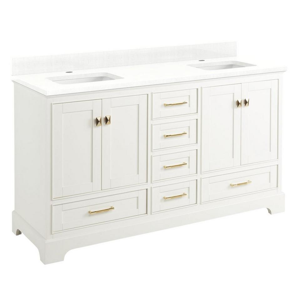 60" Quen Dbl Vanity With Rectangular Undermount Sinks -Soft White-Feathered White Quartz Single Hole, , large image number 0