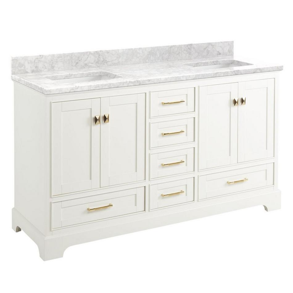 60" Quen Double Vanity With Rectangular Undermount Sinks - Soft White-Carrara Marble No Faucet Holes, , large image number 0