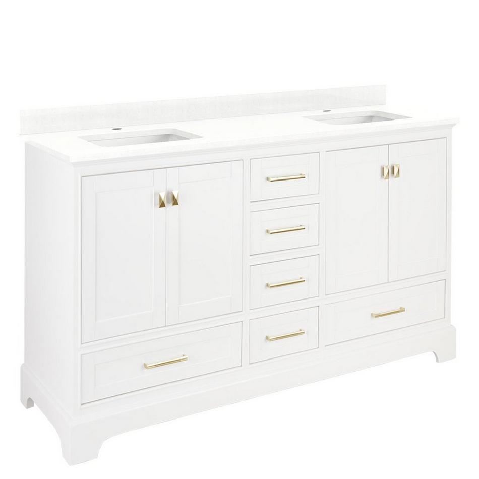 72" Quen Dbl Vanity With Rectangular Undermount Sinks -Soft White-Feathered White Quartz Single Hole, , large image number 0