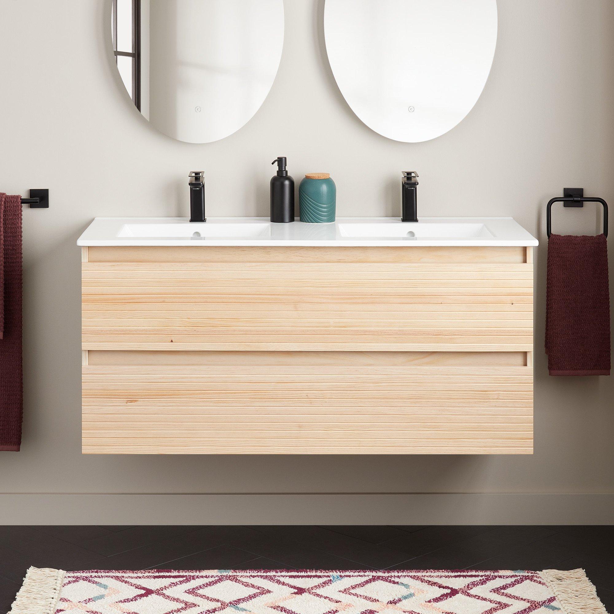 48 inch Kiah Wall-Mount Double Vanity and Sinks - Light Oak