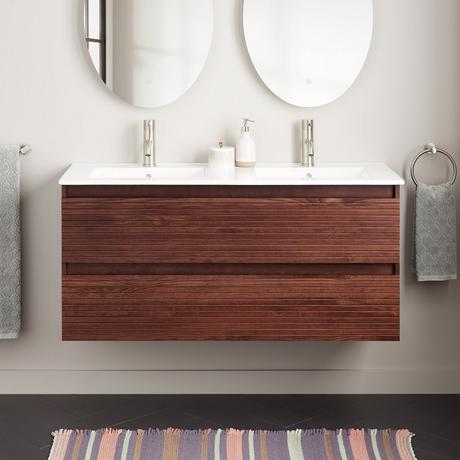 48" Kiah Wall-Mount Double Vanity and Sinks - Hickory Brown